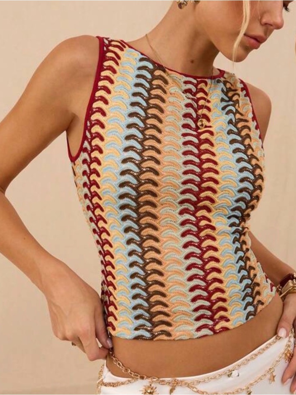 Multicolor Knit Crochet Sleeveless Crop Top